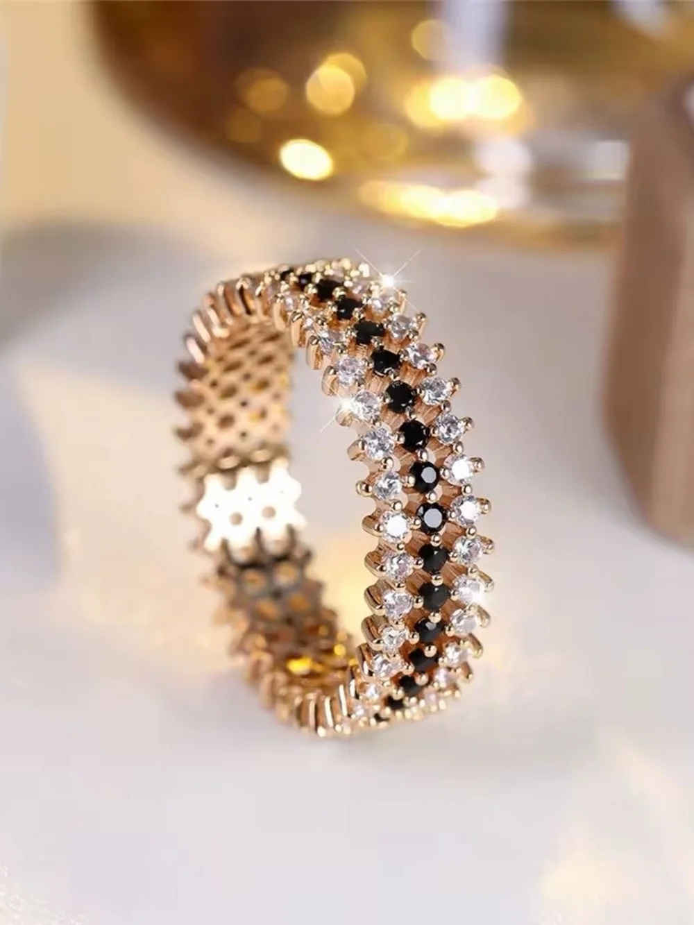 Elegant Rose Gold Stackable Crystal Band Ring - Black & White Stones